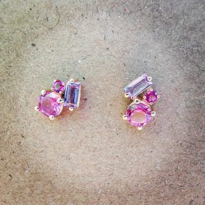 Pendientes oro amarillo 18k con topacio rosa y amatista