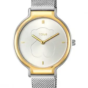 Reloj TOUS Real Bear bicolor de acero/IP dorado con correa Mesh, de malla milanesa, bisel dorado y esfera blanca con oso grabado