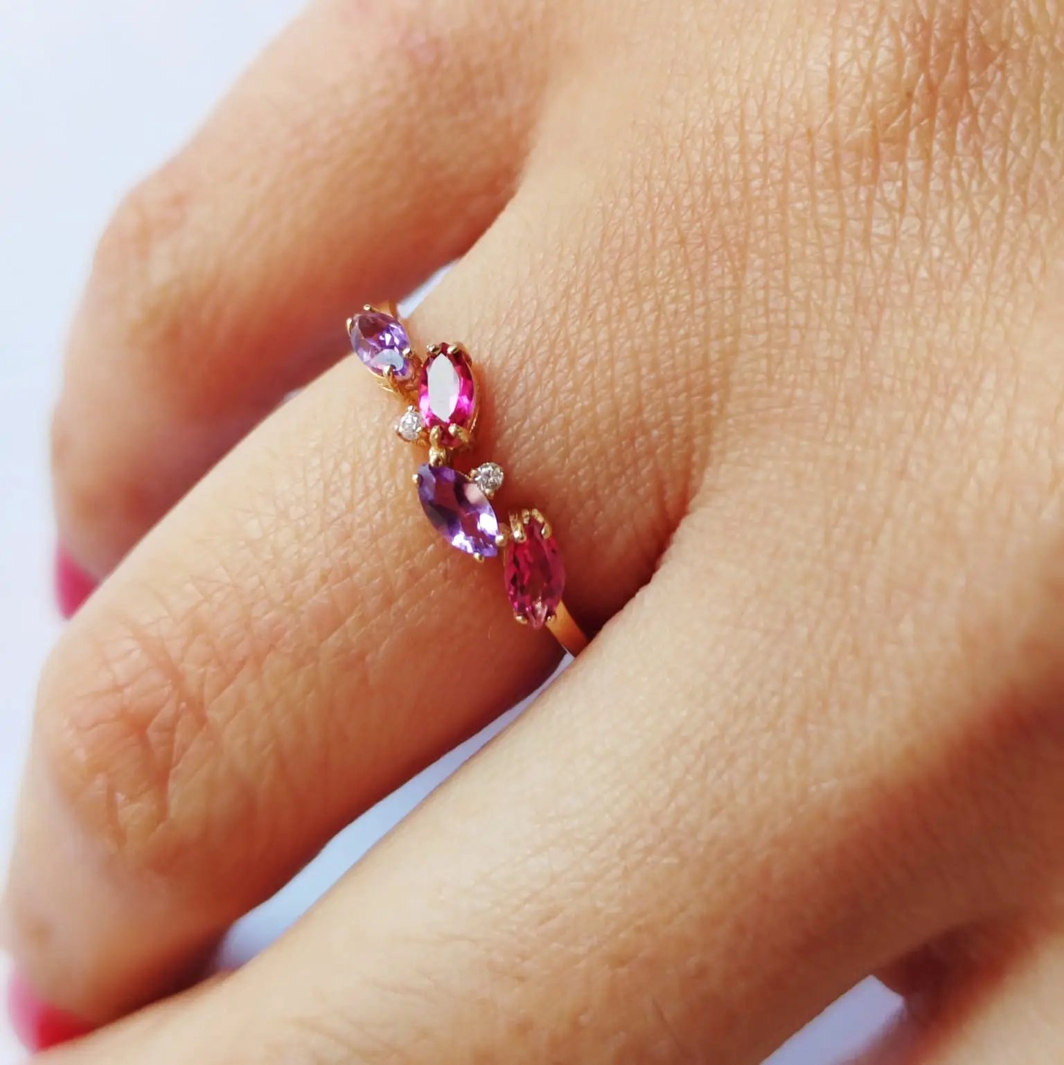 Anillo Oro 18k con topacios rosa y amatista - Imagen 2