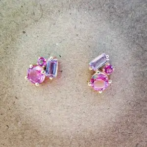 Pendientes oro amarillo 18k con topacio rosa y amatista